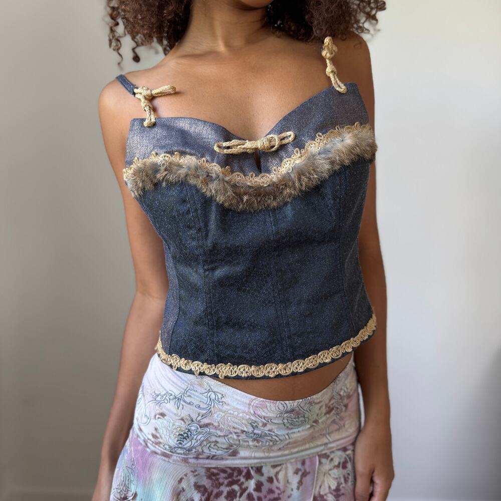 Vintage Italian Denim Corset Top with Fur Trim & Lace-Up Back (M)